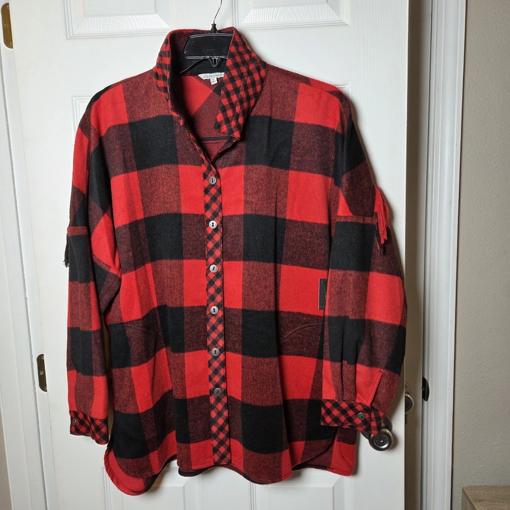 John Mark sz 1X red buffalo plaid button top NWT fringe artsy fall casual winter
